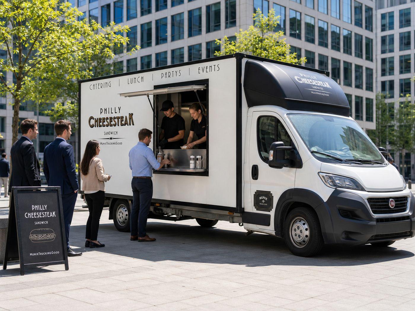 Lunchtime Foodtruck Service vor Muenchner Buerogebaeude