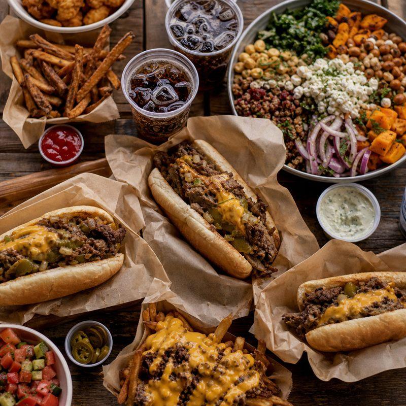 Üppiges Streetfood-Brett mit Cheesesteaks, Bowl, Loaded Fries und Drinks